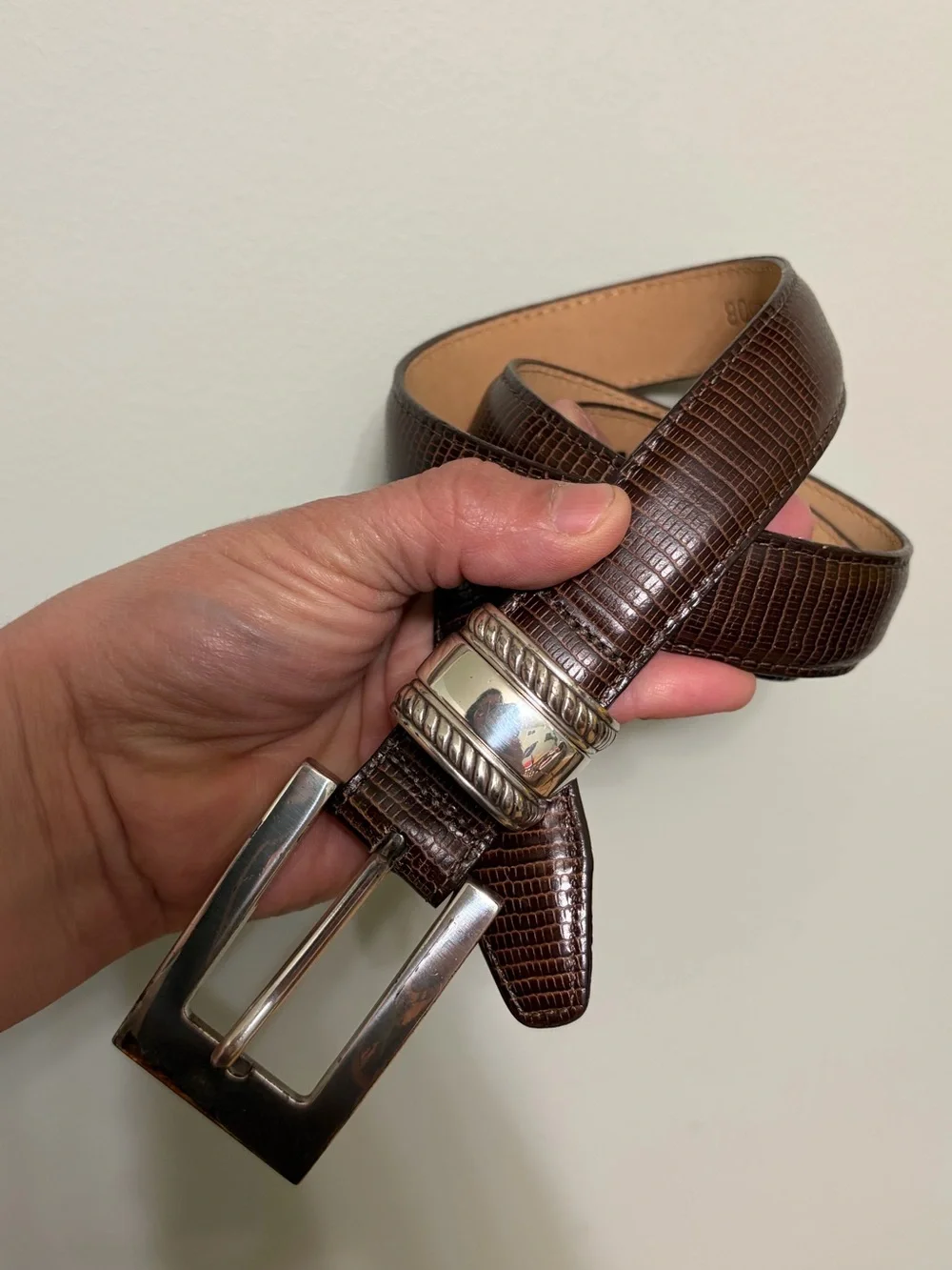 Brighton Brown reptile embossed silver hardware belt M/L waist 28”-32”